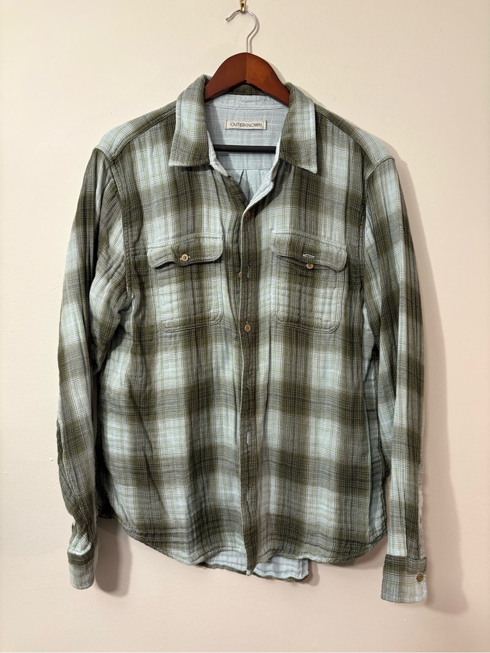 Outerknown Sage Green Ombre Plaid Flannel Shirt — Size L 🌿